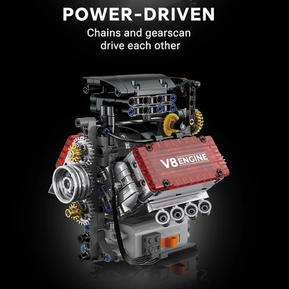 8 cylinder v8 engine building kit, motorized mechanical model with chain driven gears for engineering and model fans