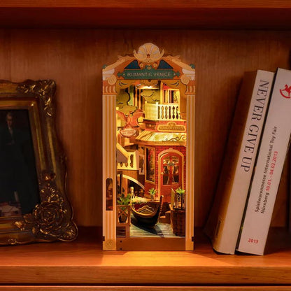 book nook bookshelf insert with lit balconies flowers and water reflection wooden model kit adults for adults