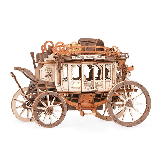 victorian stagecoach music box built from laser cut wood, wind up carriage model for study and desk decor