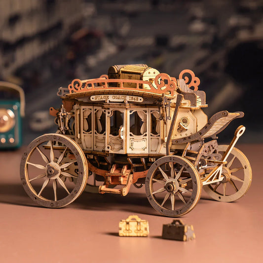 wooden mechanical music box kit playing greensleeves, spring driven carriage with no batteries required