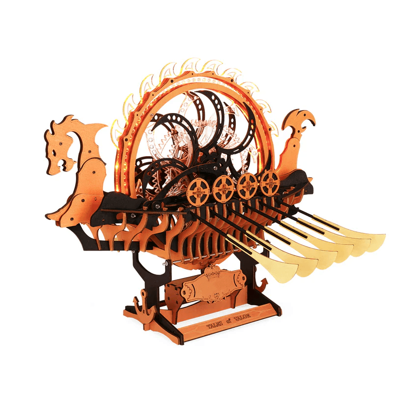 viking dragon longship 3d wooden puzzle assembled on its display stand with twin dragon heads and gold oars