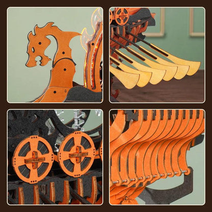 close detail of the carved dragon figurehead wooden gear train and the row of sweeping oars on the longship