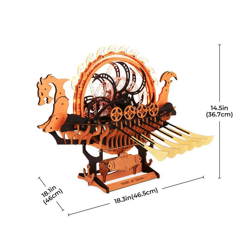 viking ship model dimensions 46.5 by 46 by 36.7 cm shown as a large desk display piece for adult builders
