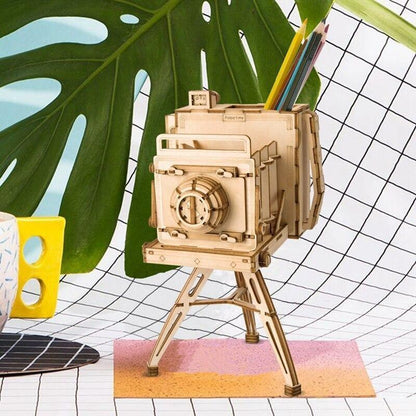 retro camera model kit with lens barrel and body panels, glue free build for beginners aged 8 and above