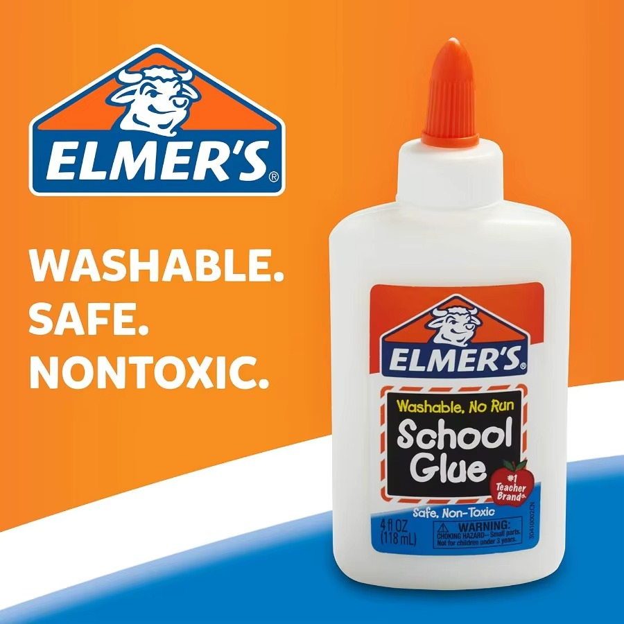 Elmer's school glue bottle with branding and product features on an orange and blue background ELMERS-1 ELMERS-2 ELMERS-3 ELMERS-4