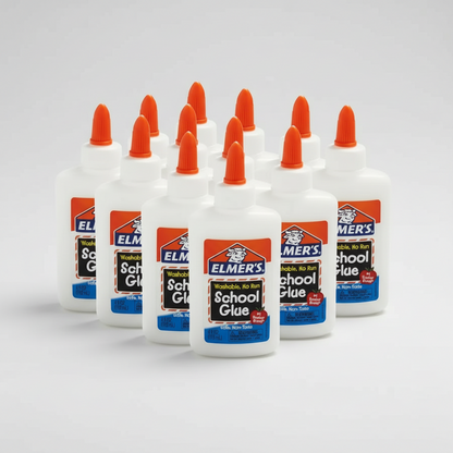 Multiple bottles of Elmer's School Glue with orange nozzles on a white background ELMERS-1 ELMERS-2 ELMERS-3 ELMERS-4