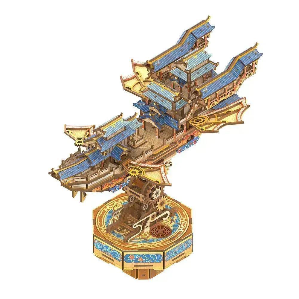 3d wooden mechanical airship puzzle 396 piece music box model kit for adults steampunk display piece slow build hobby – Wind Voyager, Sailing In Fog