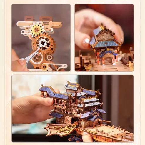 laser cut wooden airship puzzle with built in music box gear driven motion mechanical model kit for adult hobbyists 14 plus – Wind Voyager, Sailing In Fog