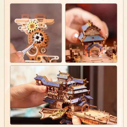 laser cut wooden airship puzzle with built in music box gear driven motion mechanical model kit for adult hobbyists 14 plus – Wind Voyager, Sailing In Fog