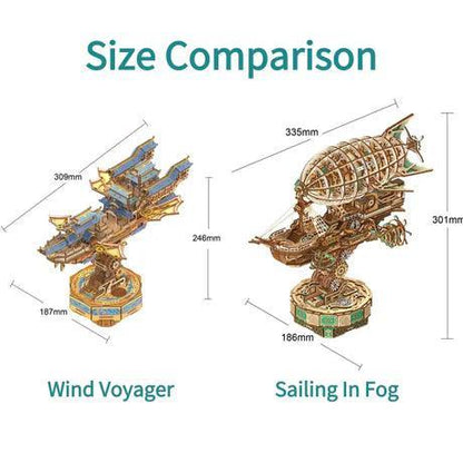 music box airship puzzle display piece for desk mantle bookshelf flying palace fantasy aviation themed room adult diy kit – Wind Voyager, Sailing In Fog