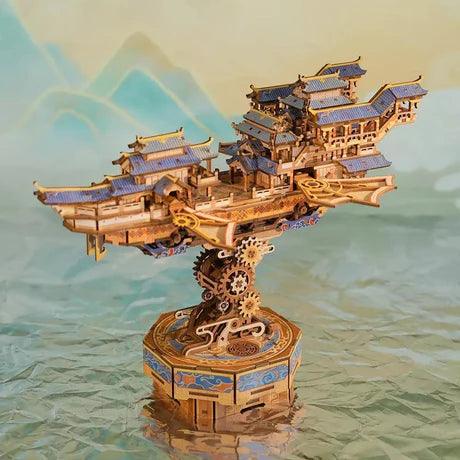3d wooden mechanical airship puzzle 396 piece music box model kit for adults steampunk display piece slow build hobby – Wind Voyager, Sailing In Fog