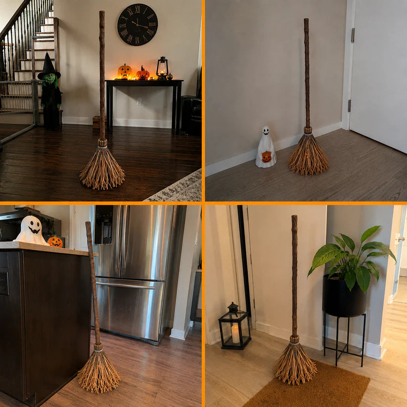 moving halloween broom prop in kitchen entryway and living room, spooky decor gift for witch and wizard fans