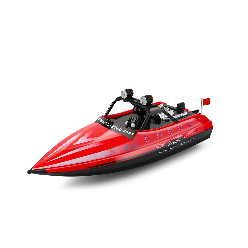 red WL917 RC jet racing speedboat clean white background studio shot LED spotlights twin racing crew figure for hobbyists
