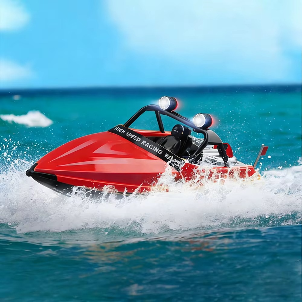 WL917 RC jet racing boat action shot in choppy sea waves outdoor water lifestyle 16 km/h speed remote control toy