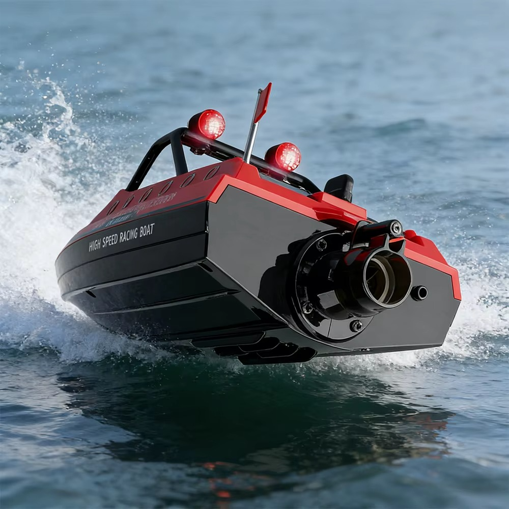 rear view of WL917 RC jet boat showing internal water-jet propulsion outlet safe shallow-water no propeller mechanism