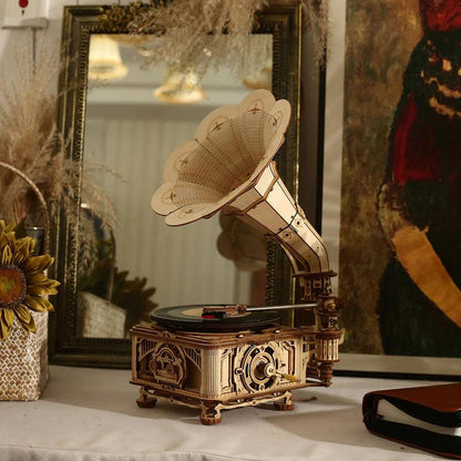 wooden gramophone record player kit vintage room decor mirror sunflower art lifestyle home shelf display piece
