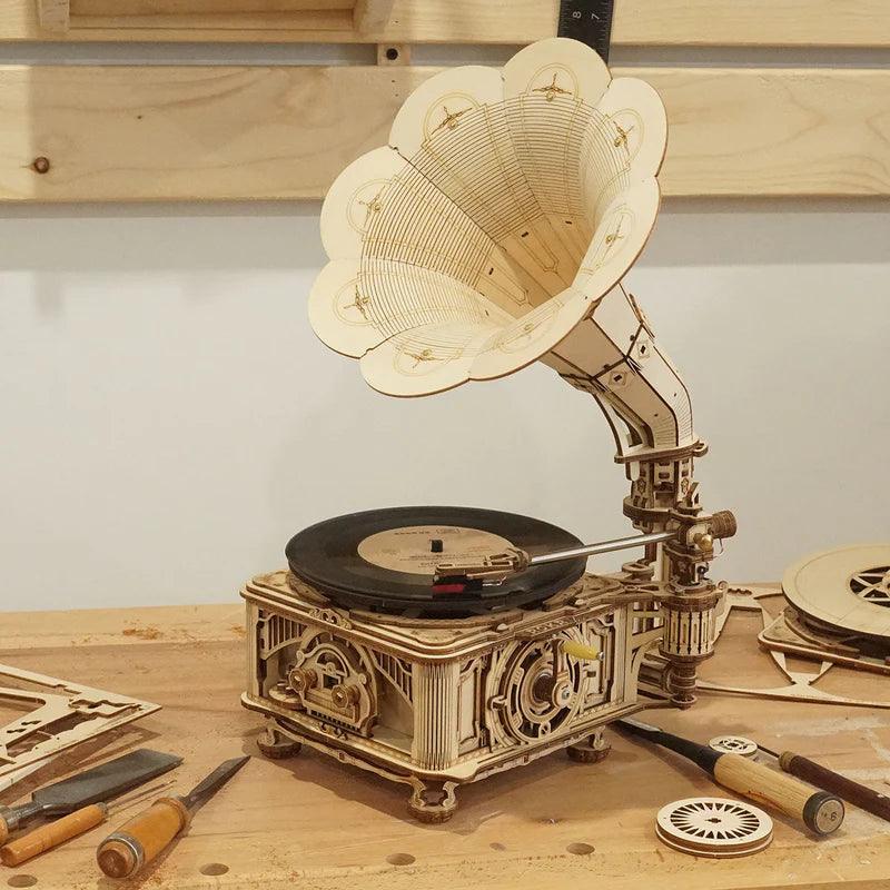 wooden gramophone record player DIY kit workshop build vintage phonograph assembled adult model maker craft