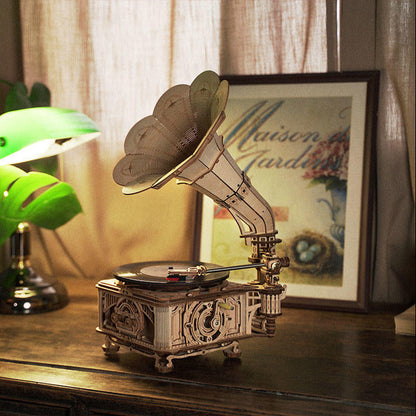 wooden gramophone record player vintage decor green banker lamp framed art console table romantic anniversary gift