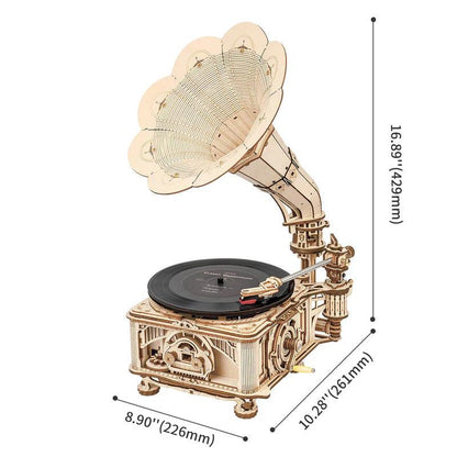 wooden gramophone record player kit dimensions 8.9 x 10.3 x 16.9 inches assembled size vintage phonograph build