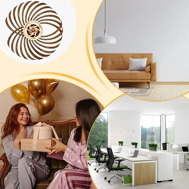 Two women exchanging gifts in a living room with a wooden kinetic wall art rotating spiral sculpture handmade living room decor gift Bloom Wave Swirl