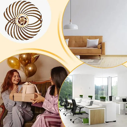 Two women exchanging gifts in a living room with a wooden kinetic wall art rotating spiral sculpture handmade living room decor gift Bloom Wave Swirl