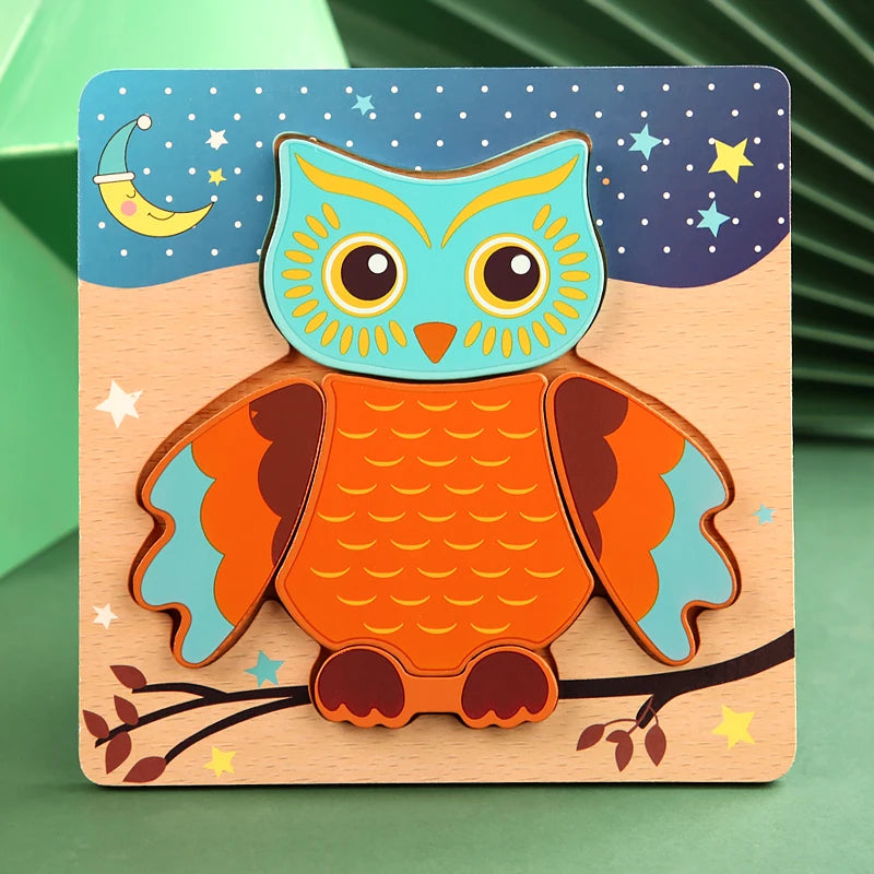 wooden owl puzzle starry night chunky toddler 3D jigsaw cartoon animal montessori bedtime toy – Owl Stars