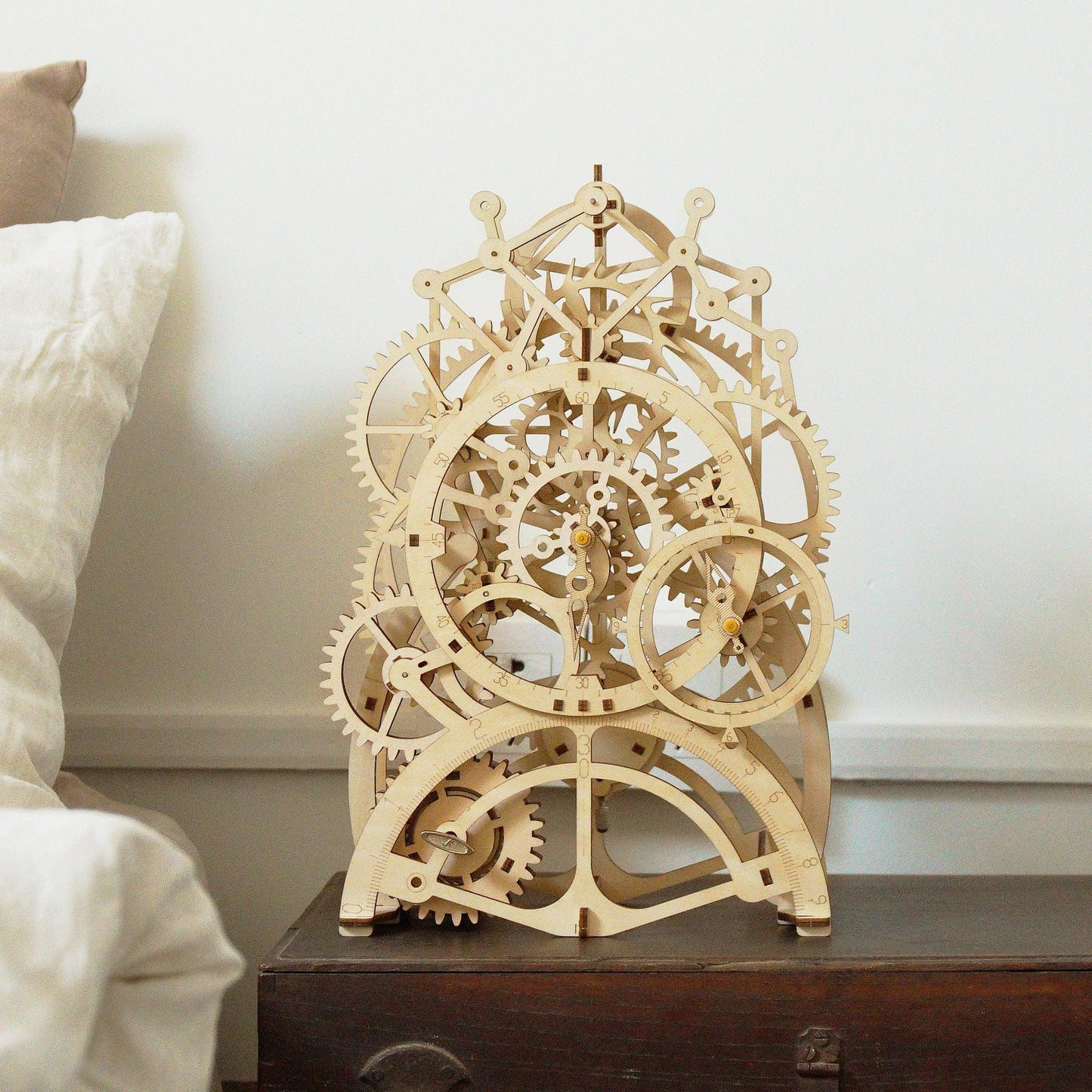 wooden clock kits for adults, wind up mechanical timepiece model with visible gear train and tick tock sound