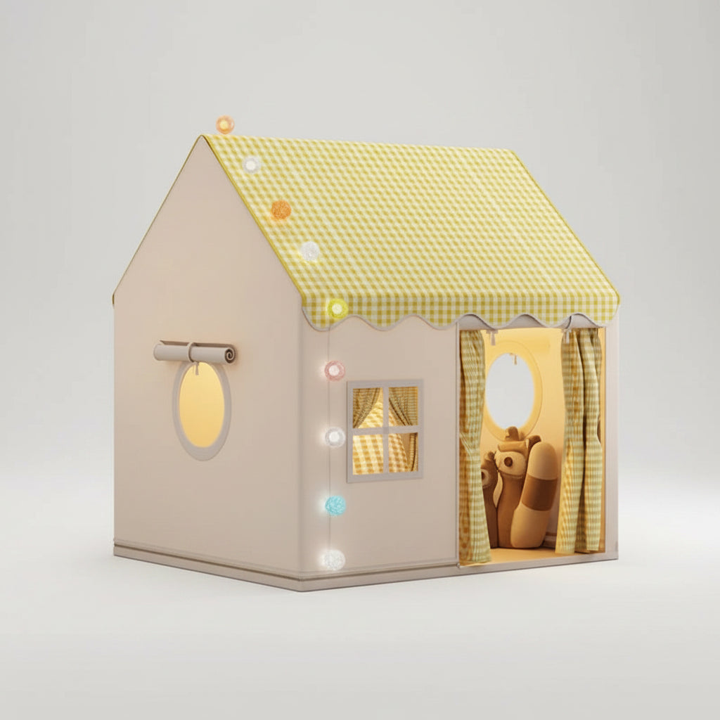 yellow gingham kids play tent with round window and curtain door, indoor playhouse for boys and girls, Yellow