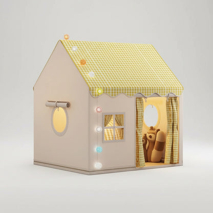 yellow gingham kids play tent with round window and curtain door, indoor playhouse for boys and girls, Yellow