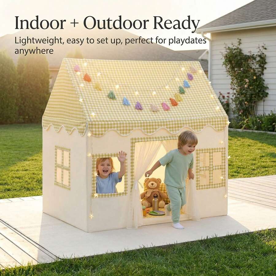 yellow gingham playhouse tent with window curtains and tassel garland, foldable indoor kids tent for playroom, Yellow