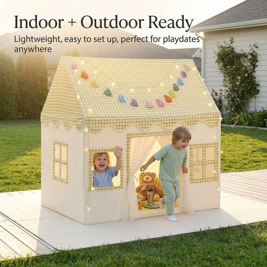 yellow gingham playhouse tent with window curtains and tassel garland, foldable indoor kids tent for playroom, Yellow
