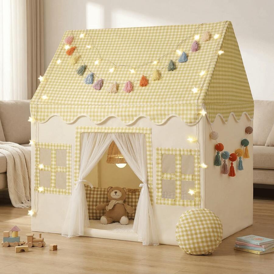 yellow princess castle play tent with checkered roof and tassel garland, indoor playhouse for kids bedroom, Yellow