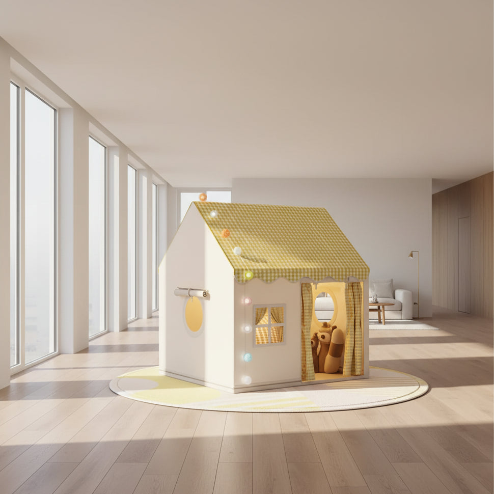 yellow kids playhouse tent with curtain doorway and plush friends, foldable play tent for playroom corner, Yellow