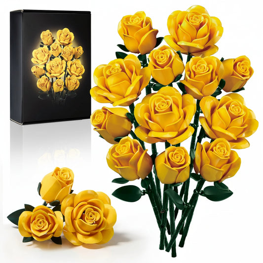 Yellow Rose Building Blocks Bouquet Set | Botanical Flower Brick Kit for Adults Home Decor