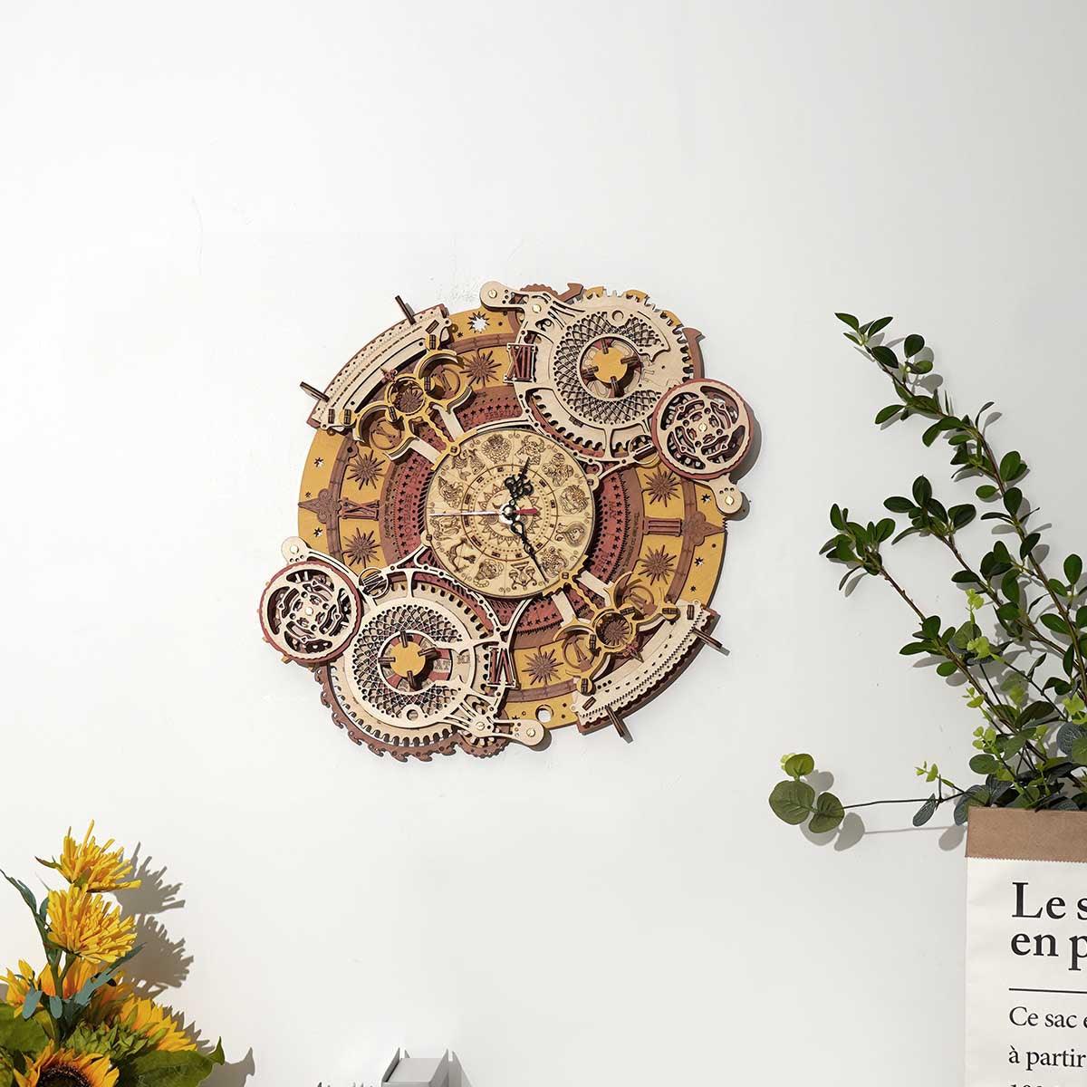 mechanical wooden puzzle wall clock kit zodiac face DIY assembly hobby model home decor gift