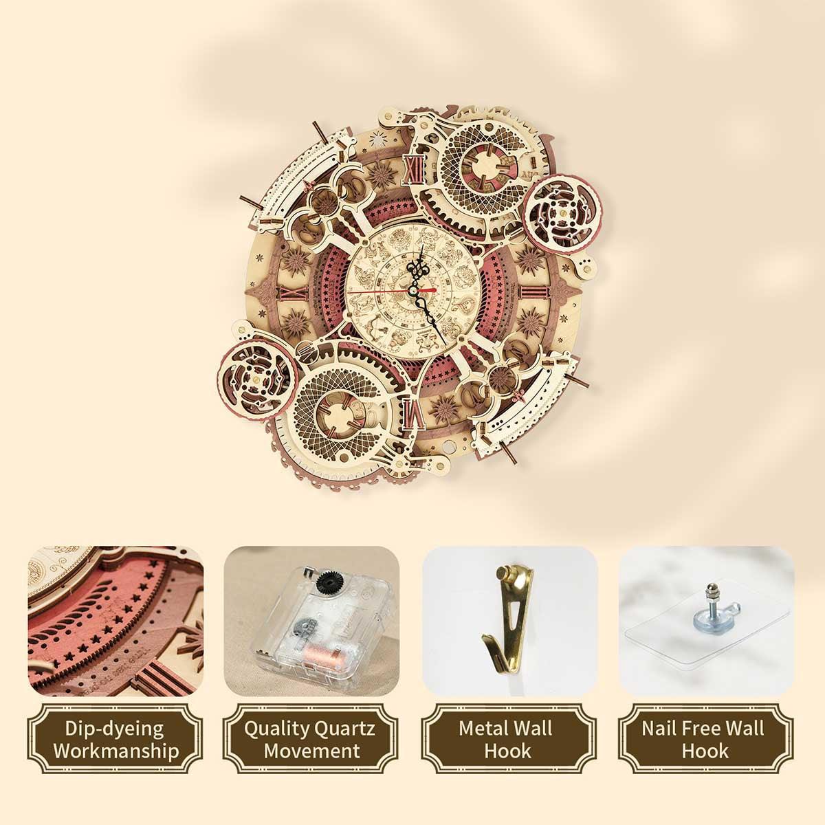 laser-cut wooden zodiac wall clock 3D model kit puzzle for adults craft project home decor unique