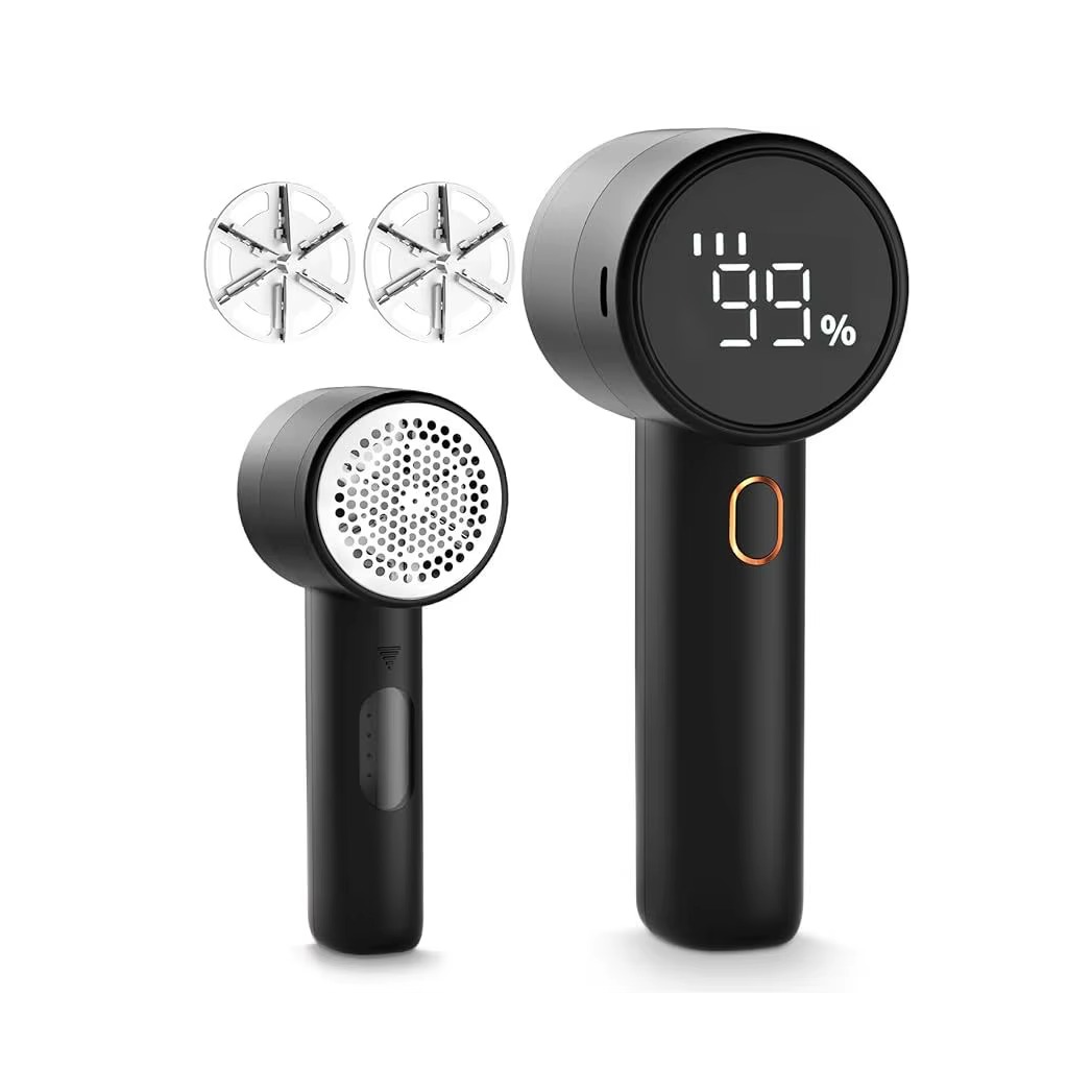 Puzzloria rechargeable electric fabric shaver with LED display and 6-blade stainless steel system for removing lint from clothing and furniture