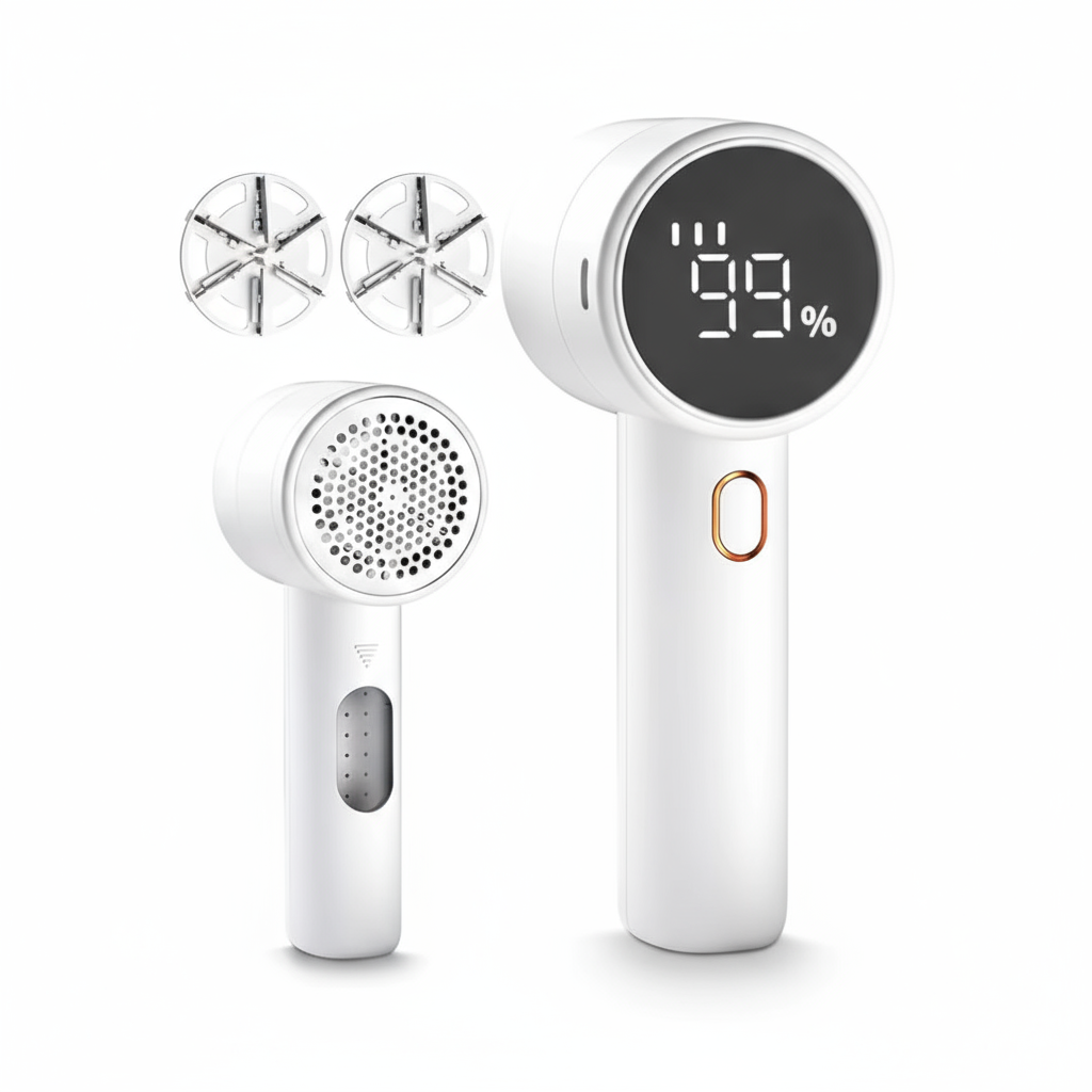 Puzzloria rechargeable electric fabric shaver with LED display and 6-blade stainless steel system for removing lint from clothing and furniture