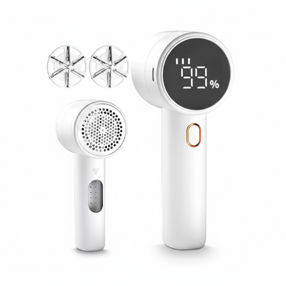 Puzzloria rechargeable electric fabric shaver with LED display and 6-blade stainless steel system for removing lint from clothing and furniture