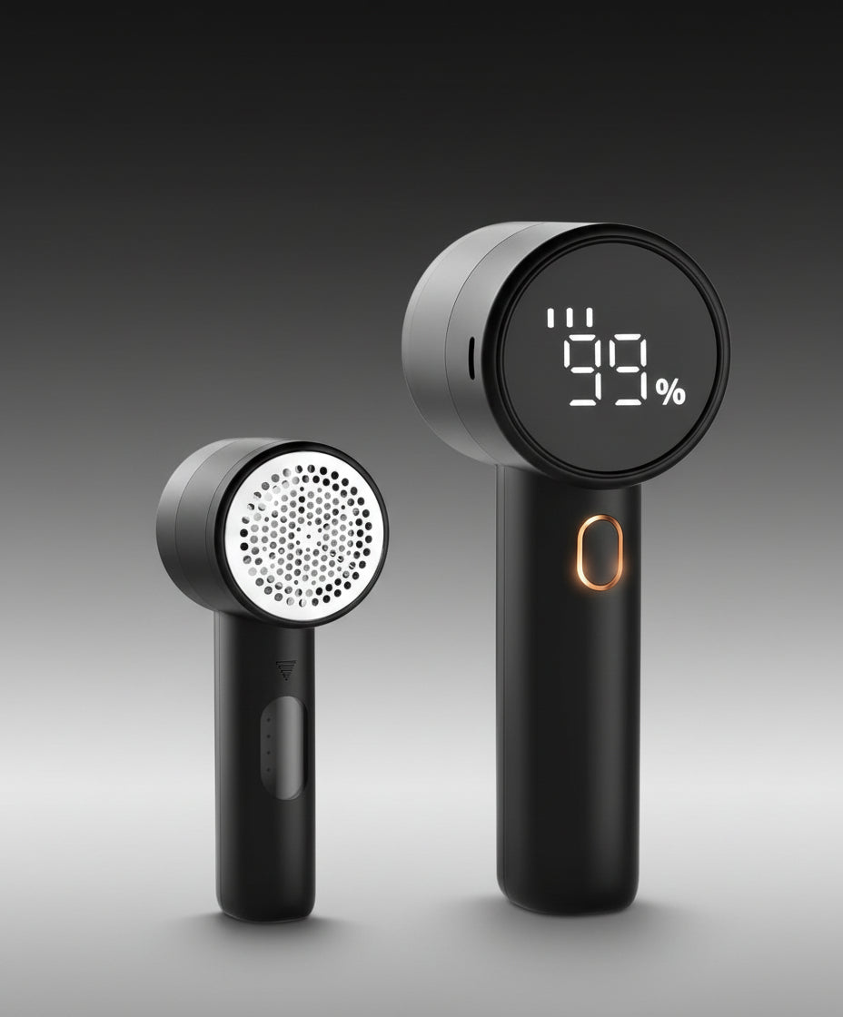 Puzzloria rechargeable electric fabric shaver with LED display and 6-blade stainless steel system for removing lint from clothing and furniture