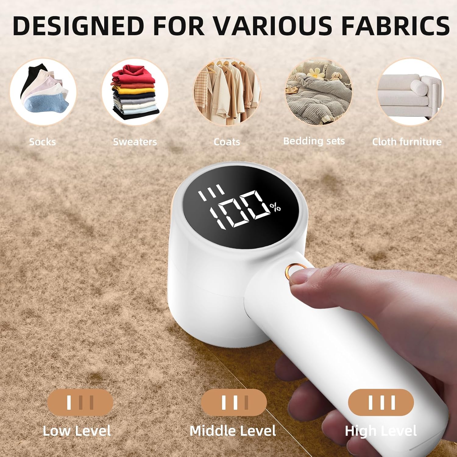 Puzzloria rechargeable electric fabric shaver with LED display and 6-blade stainless steel system for removing lint from clothing and furniture