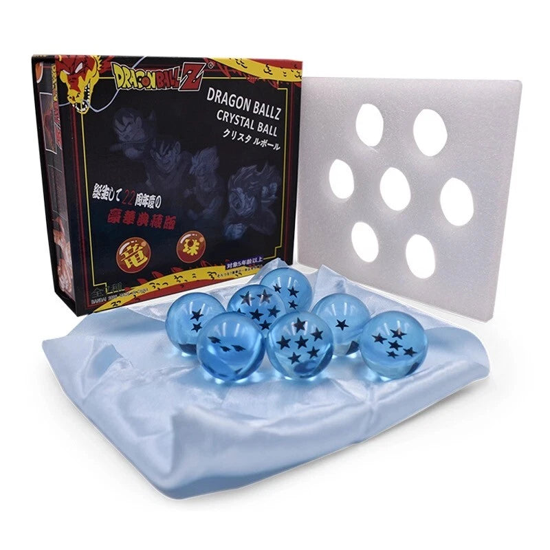 Dragon Ball Z crystal orbs collectible set with star patterns in orange red and blue colors