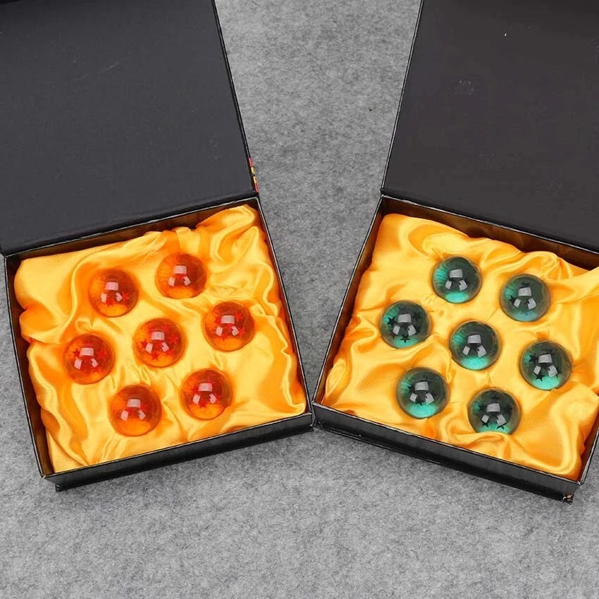 Dragon Ball Z crystal orbs collectible set with star patterns in orange red and blue colors