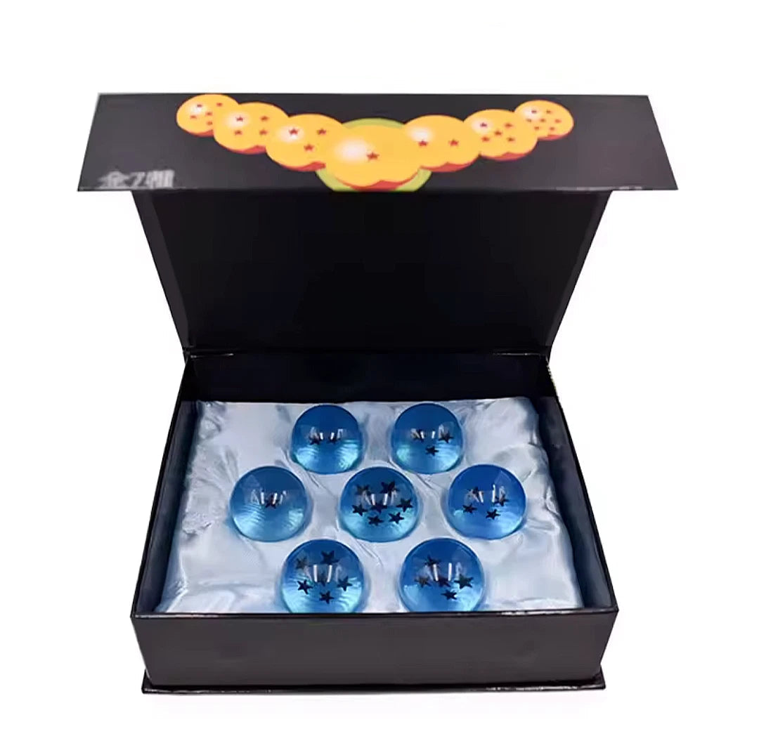 Dragon Ball Z crystal orbs collectible set with star patterns in orange red and blue colors