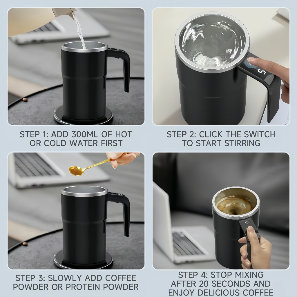 Step-by-step guide on using a black coffee maker with text instructions.