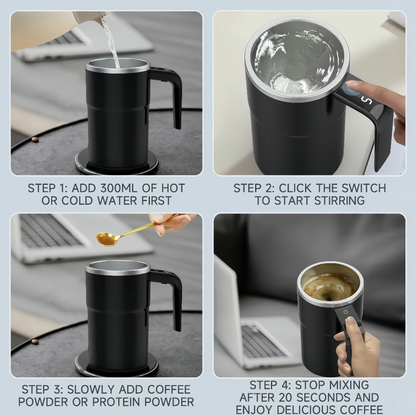 Step-by-step guide on using a black coffee maker with text instructions.