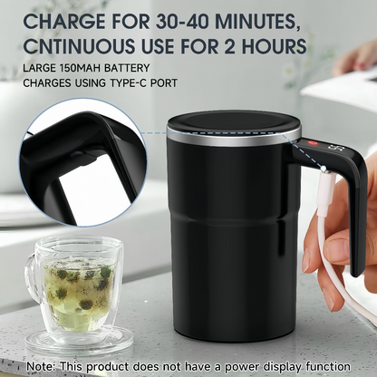 Black electric kettle with charging cable and text about charging time and battery capacity.