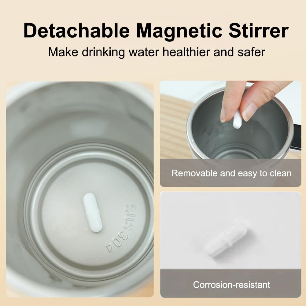 Detachable magnetic stirrer for making drinking water healthier and safer, with text highlighting features.