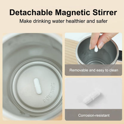 Detachable magnetic stirrer for making drinking water healthier and safer, with text highlighting features.