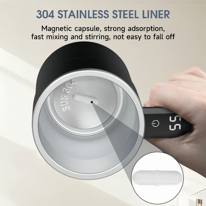 Stainless steel measuring cup with 304 stainless steel liner, held by a hand.